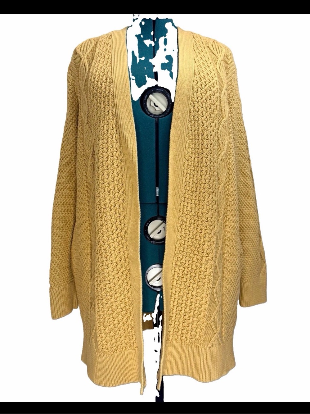 L.L. Bean Signature Mixed Cable Knit Open Front Cardigan in Golden Yellow Large